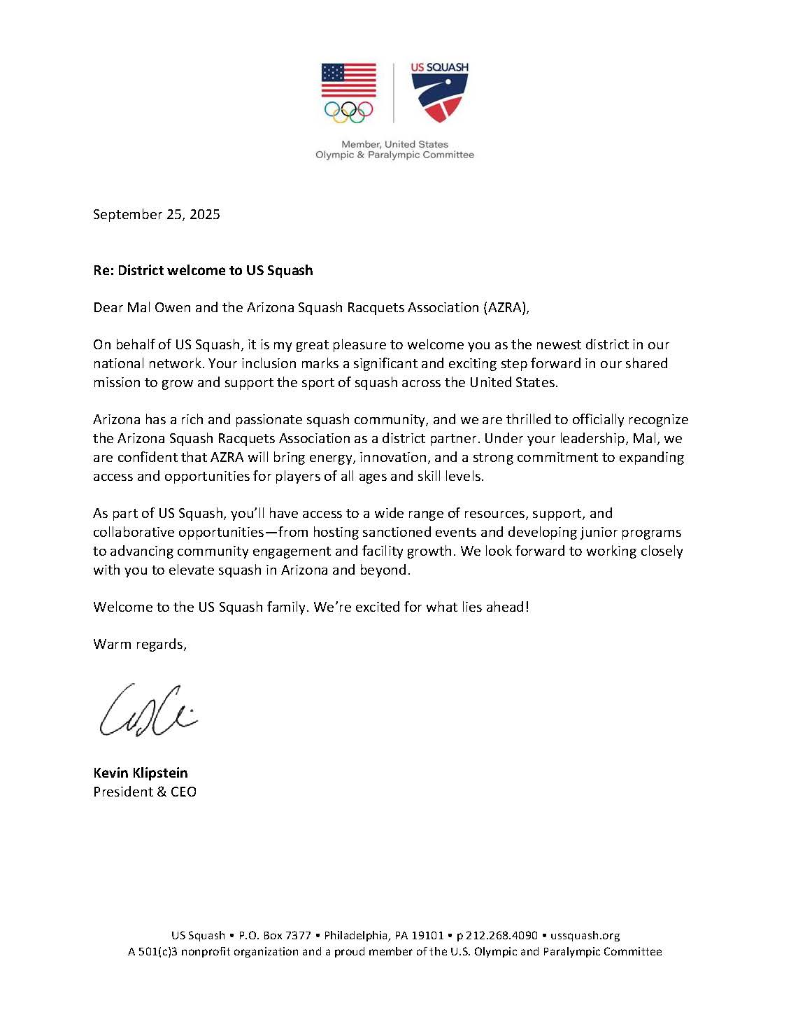 AZSRA - Welcome Letter